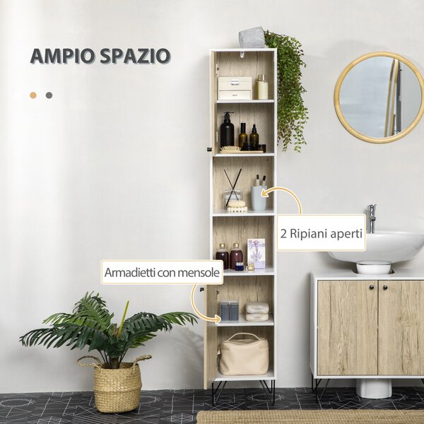 Kleankin Mobiletto Bagno Moderno Salvaspazio con 2 Ripiani Aperti e 2 Armadietti, Colonna in Truciolato, 30x31.5x169cm, Bianco|Aosom Italy