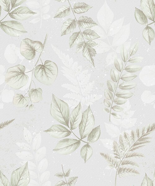 Carta da parati Foglie leggere acquerellate con effetto schizzo su sfondo grigio, Parati fiori e piante classici, a00446 : Uwalls.it