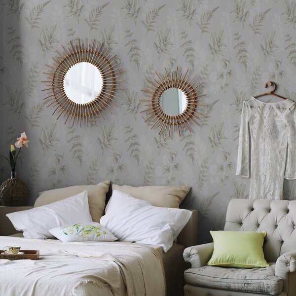 Carta da parati Foglie leggere acquerellate con effetto schizzo su sfondo grigio, Parati fiori e piante classici, a00446 : Uwalls.it