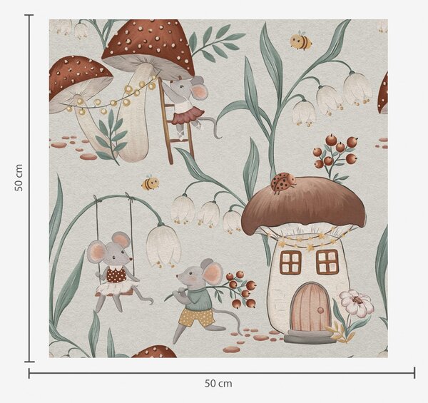 Carta da parati Topi e funghi carini sullo sfondo di un paesaggio forestale di fantasia, Parati natura classici, a00450 : Uwalls.it