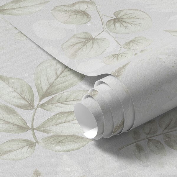 Carta da parati Foglie leggere acquerellate con effetto schizzo su sfondo grigio, Parati fiori e piante classici, a00446 : Uwalls.it