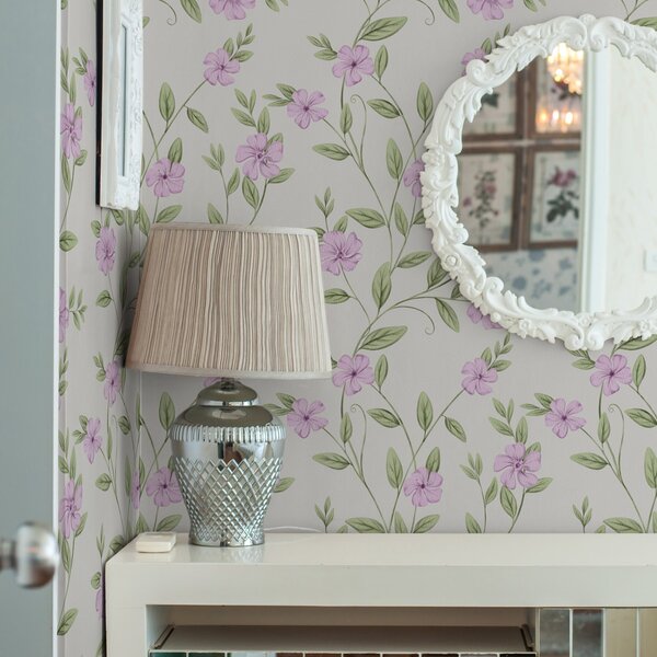 Carta da parati Fiori rosa con rampicanti verdi su sfondo crema, Parati fiori e piante classici, a00453 : Uwalls.it