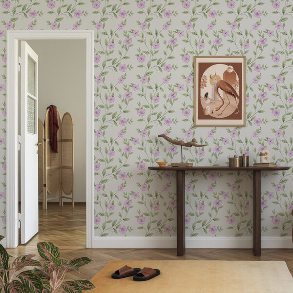 Carta da parati Fiori rosa con rampicanti verdi su sfondo crema, Parati fiori e piante classici, a00453 : Uwalls.it