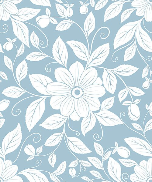 Carta da parati Contorno floreale bianco su sfondo blu pastello, Parati fiori e piante classici, a00452 : Uwalls.it