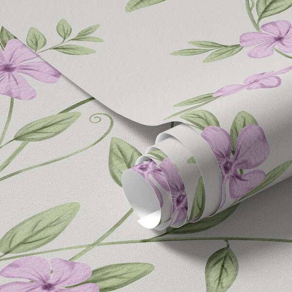 Carta da parati Fiori rosa con rampicanti verdi su sfondo crema, Parati fiori e piante classici, a00453 : Uwalls.it