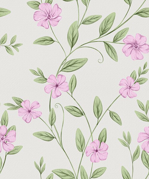 Carta da parati Fiori rosa con rampicanti verdi su sfondo crema, Parati fiori e piante classici, a00453 : Uwalls.it