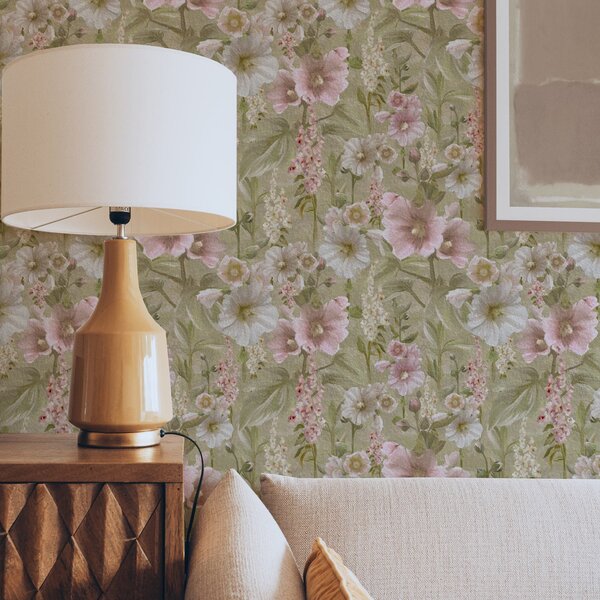 Carta da parati Romantici agrifogli rosa e bianchi su verde tenue, Parati fiori e piante classici, a00456 : Uwalls.it