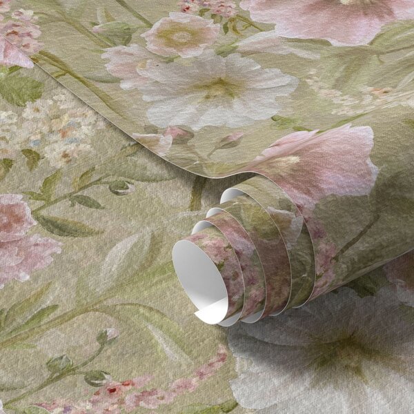 Carta da parati Romantici agrifogli rosa e bianchi su verde tenue, Parati fiori e piante classici, a00456 : Uwalls.it