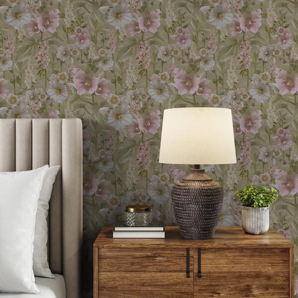Carta da parati Romantici agrifogli rosa e bianchi su verde tenue, Parati fiori e piante classici, a00456 : Uwalls.it