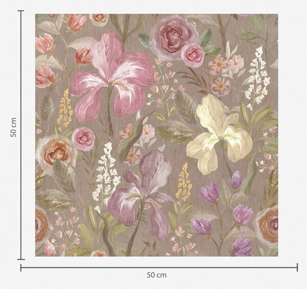 Carta da parati Motivo floreale vintage di iris rosa su sfondo beige testurizzato, Parati fiori e piante classici, a00457 : Uwalls.it