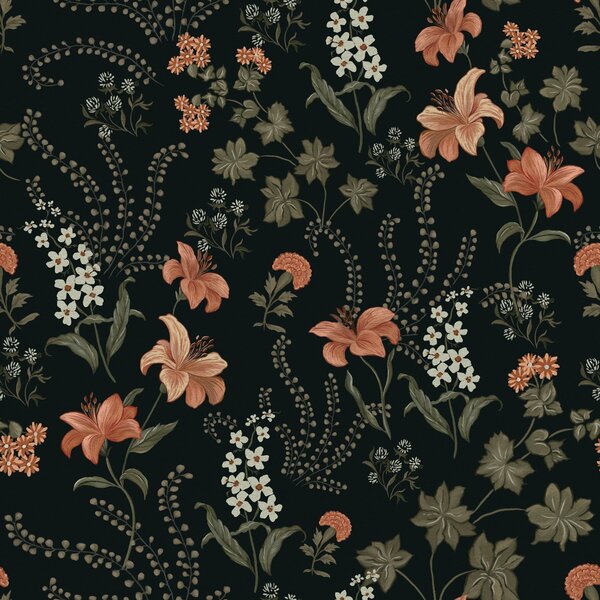 Carta da parati Gigli e piccoli fiori arancioni su sfondo nero, Parati fiori e piante classici, a00463 : Uwalls.it
