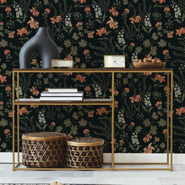 Carta da parati Gigli e piccoli fiori arancioni su sfondo nero, Parati fiori e piante classici, a00463 : Uwalls.it
