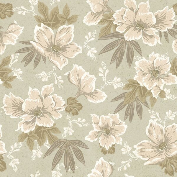 Carta da parati Fiori color crema su sfondo verde oliva, Parati fiori e piante classici, a00462 : Uwalls.it