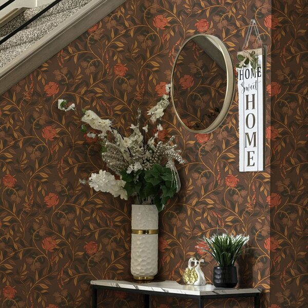 Carta da parati Rami di terracotta in fiore su sfondo marrone, Parati fiori e piante classici, a00460 : Uwalls.it