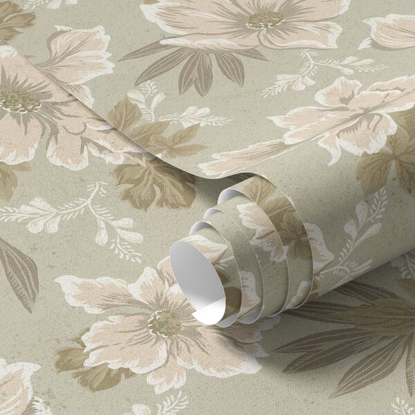 Carta da parati Fiori color crema su sfondo verde oliva, Parati fiori e piante classici, a00462 : Uwalls.it