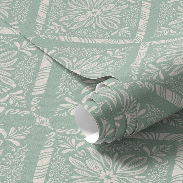 Carta da parati Motivo geometrico turchese e beige con riccioli, Parati stile orientale classici, a00466 : Uwalls.it