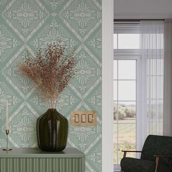 Carta da parati Motivo geometrico turchese e beige con riccioli, Parati stile orientale classici, a00466 : Uwalls.it