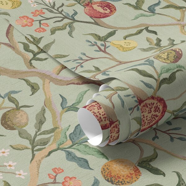 Carta da parati Frutti di melograno, pere e fiori su uno sfondo verde chiaro, Parati fiori e piante classici, a00465 : Uwalls.it