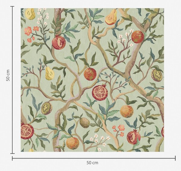 Carta da parati Frutti di melograno, pere e fiori su uno sfondo verde chiaro, Parati fiori e piante classici, a00465 : Uwalls.it