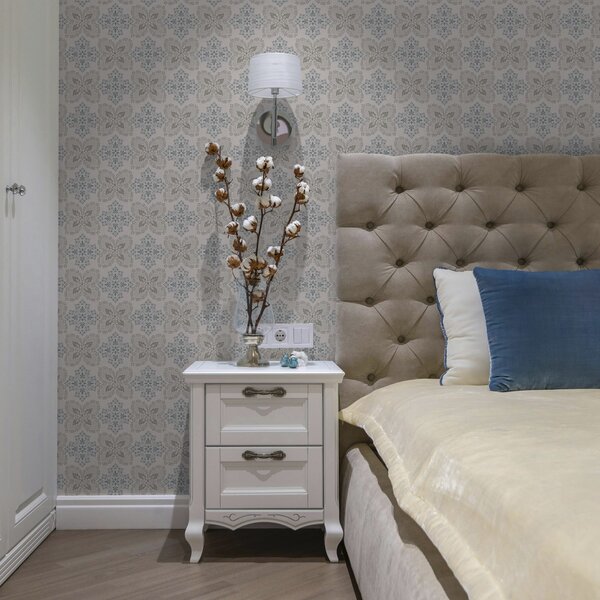 Carta da parati Motivi fogliari simmetrici grigio-blu, Parati fiori e piante classici, a00467 : Uwalls.it