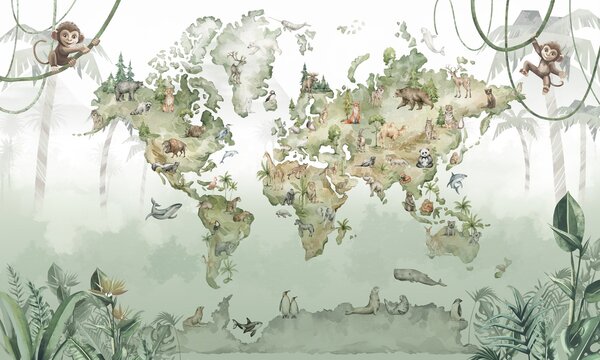Carta da parati Mappa del mondo in stile acquerello con animali, Carta da parati Mappa del Mondo, w04418 : Uwalls.it
