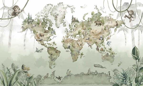 Carta da parati Mappa del mondo illustrata con animali e giungle, Carta da parati Mappa del Mondo, w04418v1 : Uwalls.it