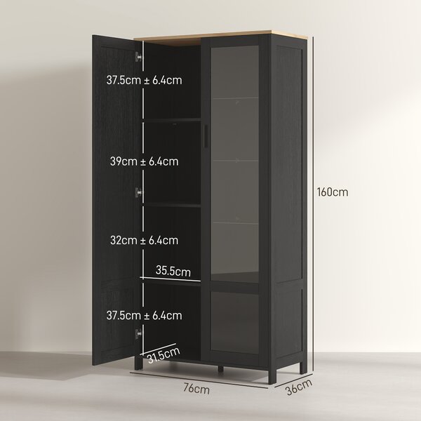 HOMCOM Mobile Dispensa Cucina in Legno a 9 Ripiani Regolabili con Ante in Vetro, 76x36x160 cm, Nero e color Legno