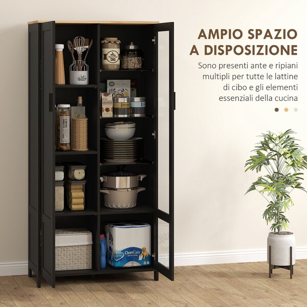 HOMCOM Mobile Dispensa Cucina in Legno a 9 Ripiani Regolabili con Ante in Vetro, 76x36x160 cm, Nero e color Legno