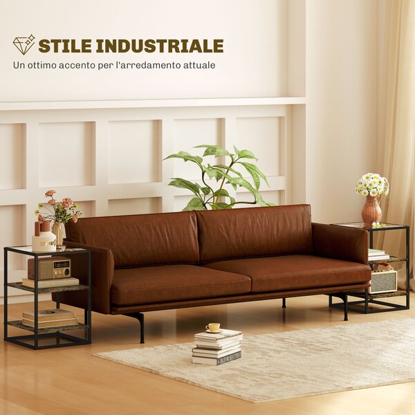 HOMCOM Set 2 Tavolini da Soggiorno a 3 Livelli in Legno e Metallo con Piano in Vetro Temperato, 37x40x55.5 cm, Marrone