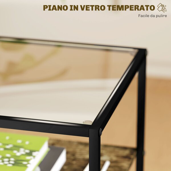 HOMCOM Set 2 Tavolini da Soggiorno a 3 Livelli in Legno e Metallo con Piano in Vetro Temperato, 37x40x55.5 cm, Marrone