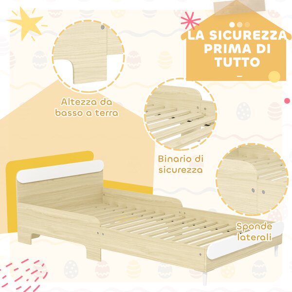 AIYAPLAY Letto per Bambini 3-10 Anni Basso con Sponde Laterali Alte, in Legno, 194.8x103x60.5 cm, Bianco e color Legno