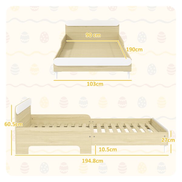AIYAPLAY Letto per Bambini 3-10 Anni Basso con Sponde Laterali Alte, in Legno, 194.8x103x60.5 cm, Bianco e color Legno