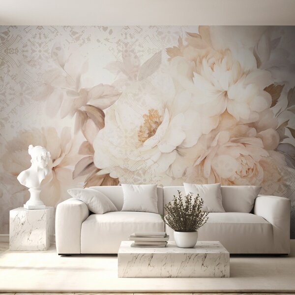 Carta da parati Composizione floreale di peonie bianche con foglie beige, su uno sfondo decorativo con, Carta da parati Floreale, w09345 : Uwalls.it