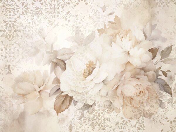 Carta da parati Composizione floreale di peonie bianche con foglie beige, su uno sfondo decorativo con, Carta da parati Floreale, w09345 : Uwalls.it