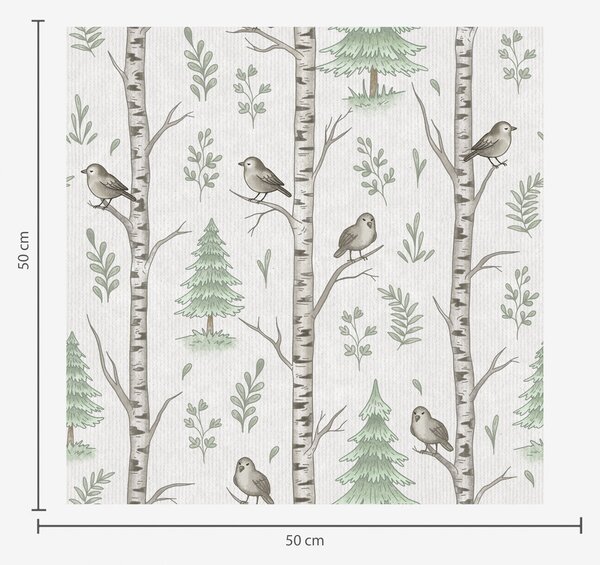 Carta da parati Betulle con uccelli in una foresta verde chiaro, Parati natura classici, a00316 : Uwalls.it