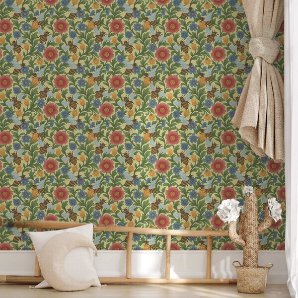 Carta da parati Fiori luminosi con api grandi, Parati fiori e piante classici, a00315 : Uwalls.it