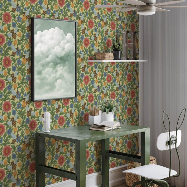 Carta da parati Fiori luminosi con api grandi, Parati fiori e piante classici, a00315 : Uwalls.it