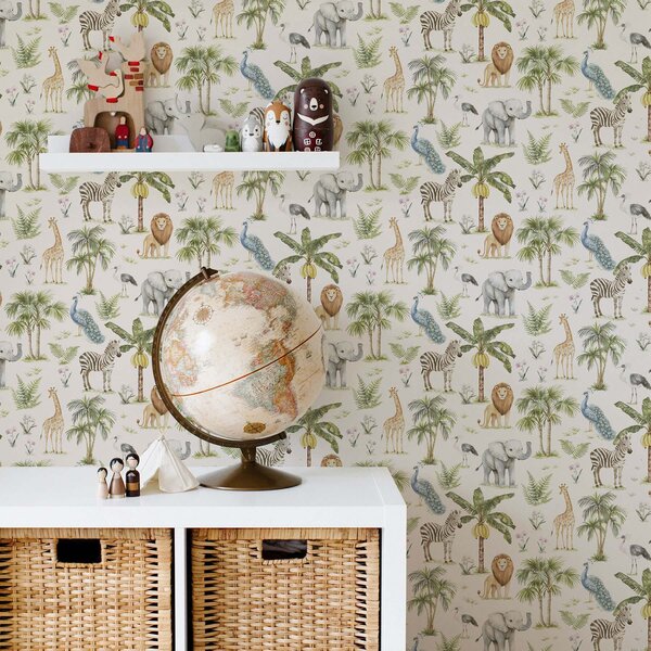 Carta da parati Animali africani tra palme e piante esotiche, Parati natura classici, a00321 : Uwalls.it