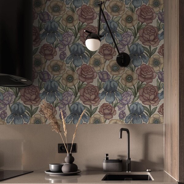 Carta da parati Grandi illustrazioni floreali con iris e peonie, Parati fiori e piante classici, a00325 : Uwalls.it