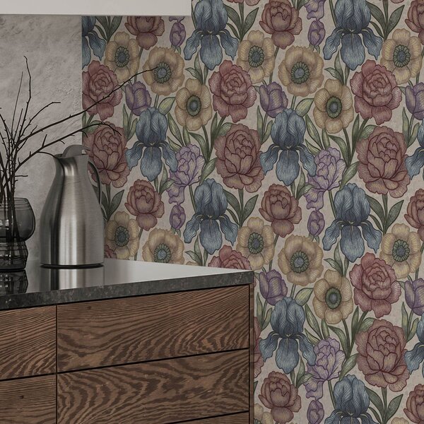 Carta da parati Grandi illustrazioni floreali con iris e peonie, Parati fiori e piante classici, a00325 : Uwalls.it