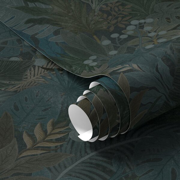 Carta da parati Fogliame tropicale verde scuro con accenti blu, Parati fiori e piante classici, a00327 : Uwalls.it