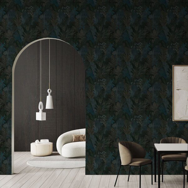 Carta da parati Fogliame tropicale verde scuro con accenti blu, Parati fiori e piante classici, a00327 : Uwalls.it