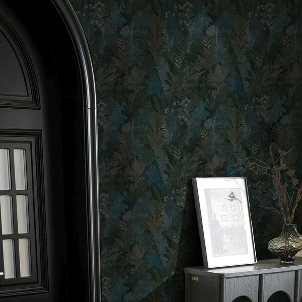 Carta da parati Fogliame tropicale verde scuro con accenti blu, Parati fiori e piante classici, a00327 : Uwalls.it