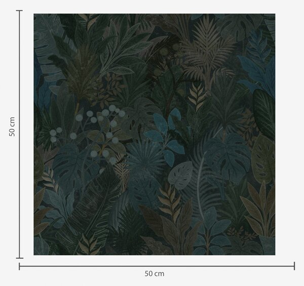 Carta da parati Fogliame tropicale verde scuro con accenti blu, Parati fiori e piante classici, a00327 : Uwalls.it