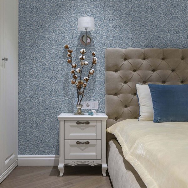 Carta da parati Ornamento blu con archi e motivi, Parati fiori e piante classici, a00332 : Uwalls.it