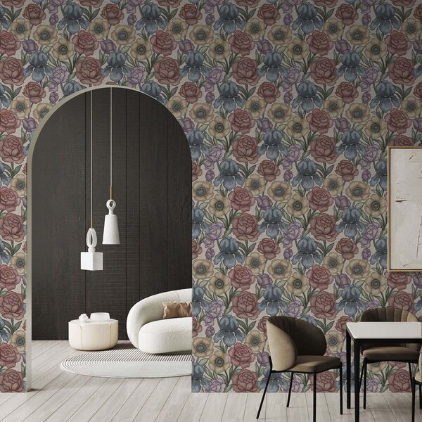 Carta da parati Grandi illustrazioni floreali con iris e peonie, Parati fiori e piante classici, a00325 : Uwalls.it