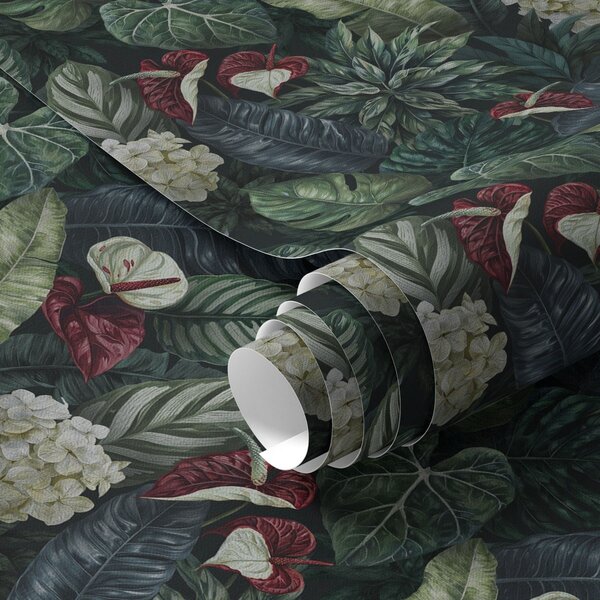 Carta da parati Foglie tropicali con fiori bianchi e rossi, Parati natura classici, Parati natura foglie classici, a00361 : Uwalls.it
