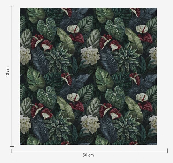 Carta da parati Foglie tropicali con fiori bianchi e rossi, Parati natura classici, Parati natura foglie classici, a00361 : Uwalls.it