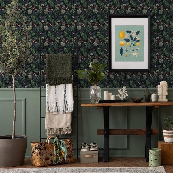 Carta da parati Foglie tropicali con fiori bianchi e rossi, Parati natura classici, Parati natura foglie classici, a00361 : Uwalls.it