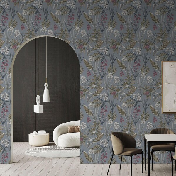 Carta da parati Rami floreali su sfondo grigio-blu, Parati fiori e piante classici, a00350 : Uwalls.it